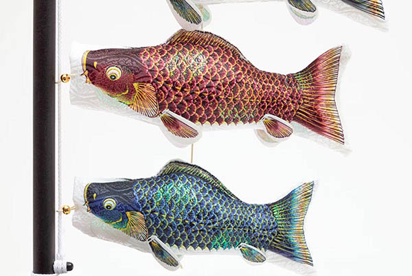 久月　 五月人形　久月作 麒麟児之兜 平飾り 正絹曙縅 麒麟児鯉飾り付き  甲冑師 鈴木利光　詳細画像