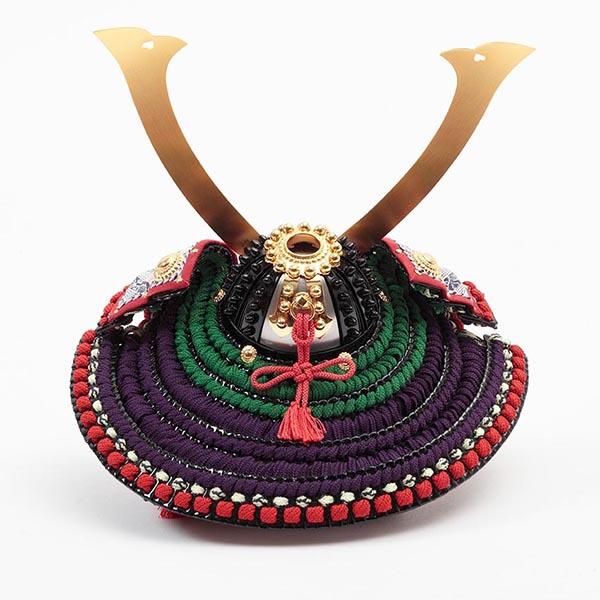 久月　 五月人形　加藤峻厳作 兜 紫肩萌黄縅 貼り合わせ小札 久月監製 木目 鏡面バック アクリルケース　詳細画像