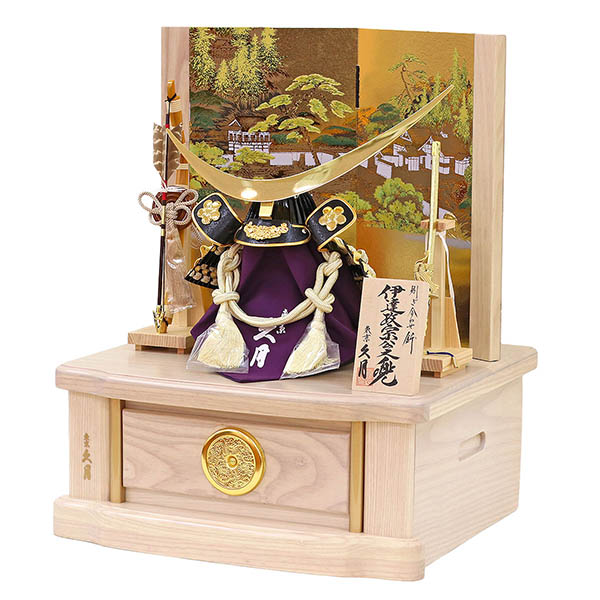 久月　 五月人形　久月 戦国武将 兜 収納飾り 正絹 白糸縅 伊達政宗公 駿河古典蒔絵 白木 木目　詳細画像