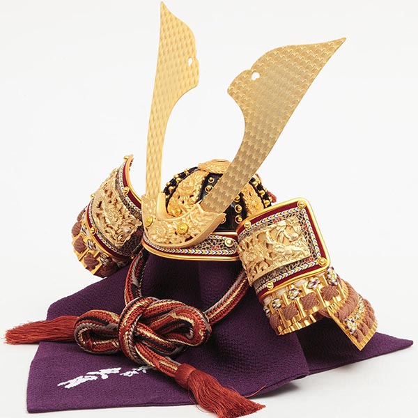 久月　 五月人形　銘木 栃 兜 二引 収納飾り 正絹 茶糸裾後縅 白木 木目　詳細画像