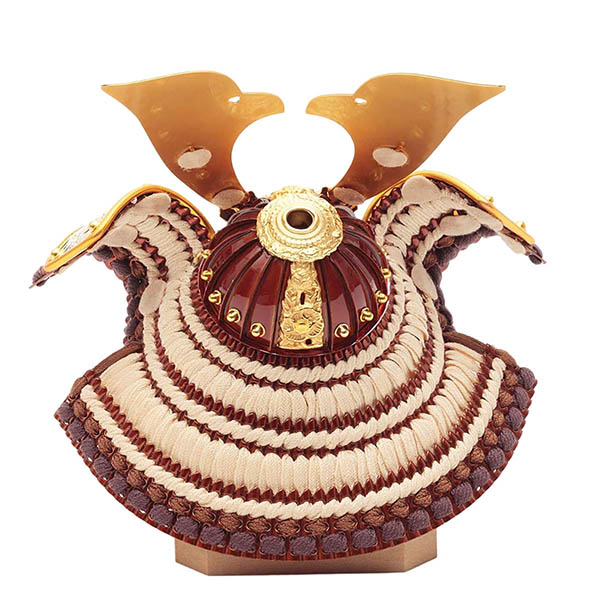 久月　 五月人形　銘木 ウォールナット 兜 二引き 収納飾り 正絹 薄茶糸縅 木目　詳細画像