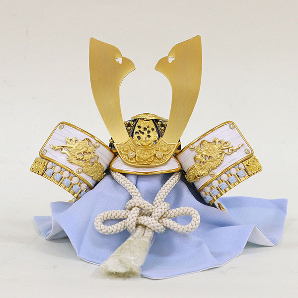 久月　 五月人形　銘木 針桐 兜 二引き 収納飾り 正絹 水色縅 白木 木目　詳細画像