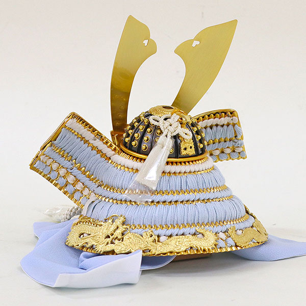 久月　 五月人形　銘木 針桐 兜 二引き 収納飾り 正絹 水色縅 白木 木目　詳細画像