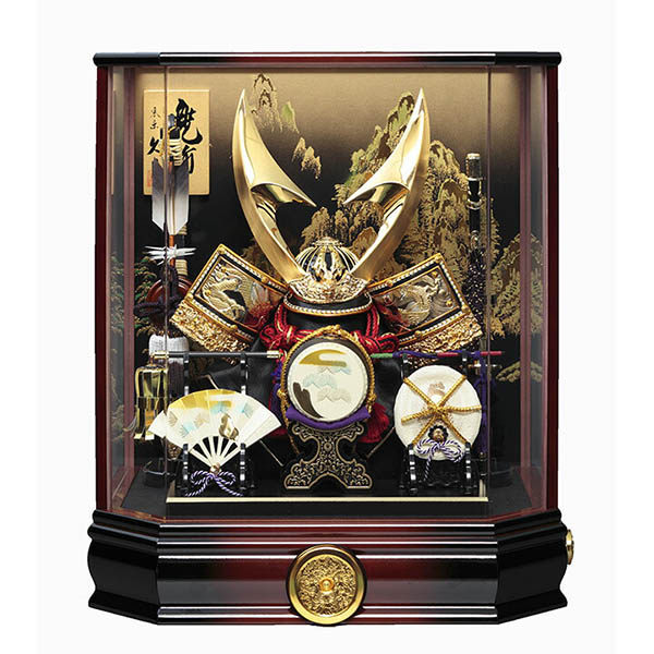 久月 兜 六角 茶ぼかし 前面アクリルケース 取付ケース入り オルゴール付き 【D-101】