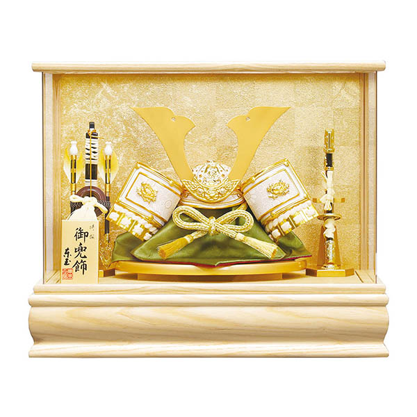 白金中鍬形 木目 白木 兜 アクリルケース飾り
