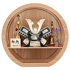 紺絲縅 銀小札 兜 ケース入り 木目丸型アクリルケース 【163K73562】