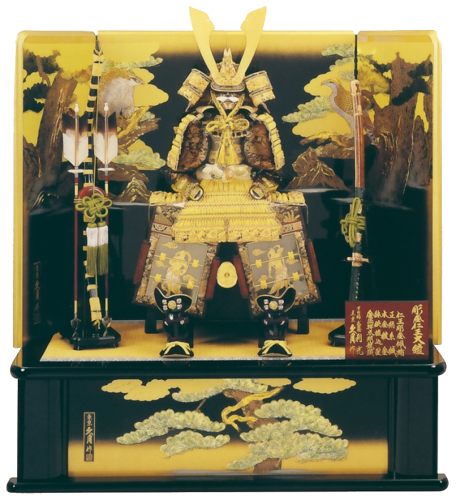 久月作　彫金仁王　正絹緋縅12号大鎧　新松鷹屏風飾り　利光監製