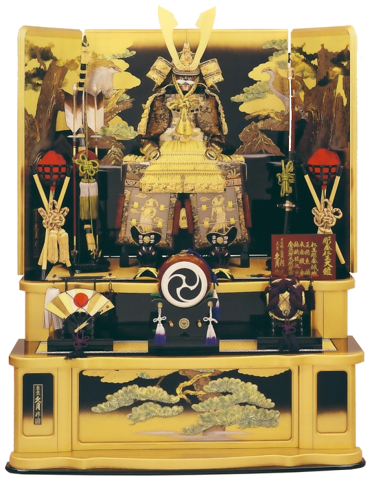 久月作　彫金仁王　正絹緋縅12号大鎧　新松鷹屏風黒塗二段飾り　利光監製