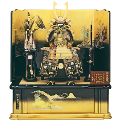 五月人形: 久月作　四神　正絹緋糸褄取縅12号大鎧　四神山水塗屏風飾り　利光監製