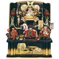 五月人形: 彫金色々縅 11号若大将<br>紺塗二段飾り(四君子)桃金付飾り