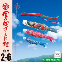 こいのぼり: 金太郎ゴールド鯉２Ｍ６点ガーデンセット （杭打ち込みタイプ）【118-750】