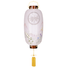 銘木桜門提灯長絹二重描き絵（中）（木製・電気コード式）【家紋代込】