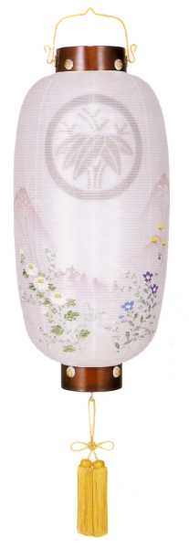 銘木桜門提灯長絹二重描き絵（中）（木製・電気コード式）【家紋代込】