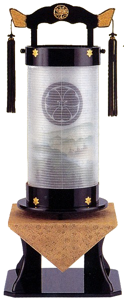 回忌灯 本黒塗二重張り(峰山水・緑)台付【家紋代込】