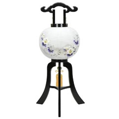 盆提灯: 雅木目 黒 絹二重 絵入 電気コード式 木製