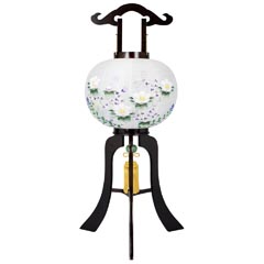 盆提灯: 彩雲の里 絹二重 絵入 電気コード式 木製