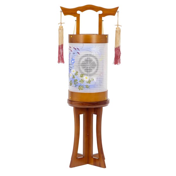 愁霊燈 清月 せいげつ 絹二重 絵入 木製 電気コード式 【家紋入代込】 【組立不要】