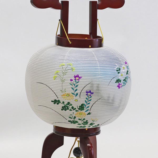 大西生糸工芸盆提灯桜調 絹二重 絵入 電気コード式 木製   　詳細画像