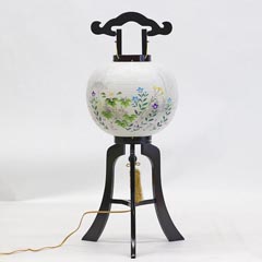 盆提灯: 黒檀調 絹二重 絵入 電気コード式 木製