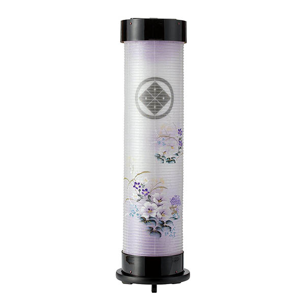 本黒塗 伸縮提灯 絹二重 紫芙蓉 ワンタッチ伸縮 木製 電気コード式（LED仕様） 【家紋入代込】