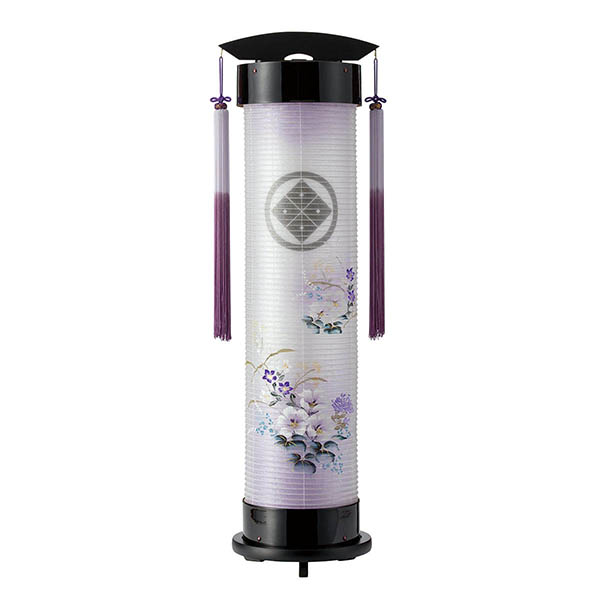 本黒塗 伸縮提灯 絹二重 紫芙蓉 ワンタッチ伸縮 木製 電気コード式（LED仕様） 【家紋入代込】