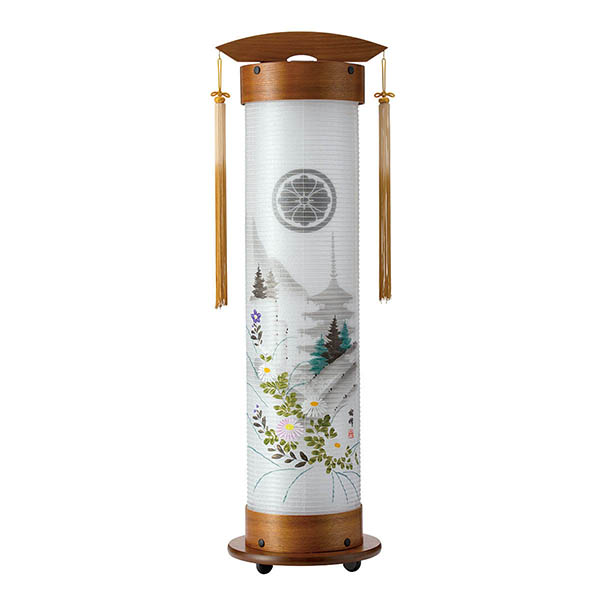 天然欅 伸縮提灯 絹二重 五重の塔 ワンタッチ伸縮 木製 電気コード式 【家紋入代込】