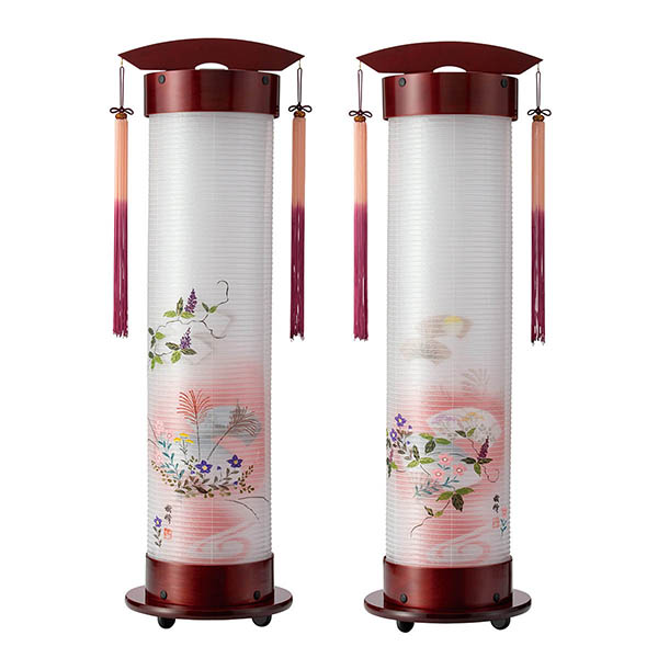 桜 伸縮提灯 絹二重 扇面七草 対柄 （一対入り） ワンタッチ伸縮 木製 電気コード式