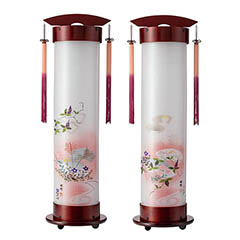 桜 伸縮提灯 絹二重 扇面七草 対柄 （一対入り） ワンタッチ伸縮 木製 電気コード式