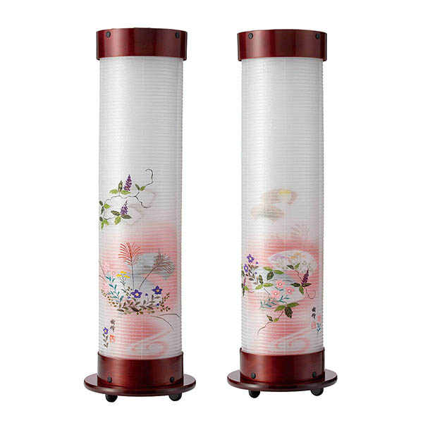 桜 伸縮提灯 絹二重 扇面七草 対柄 （一対入り） ワンタッチ伸縮 木製 電気コード式