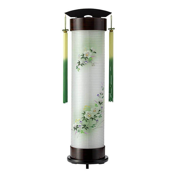 張黒檀 伸縮提灯 絹二重 緑芙蓉 ワンタッチ伸縮 木製 電気コード式（LED仕様）