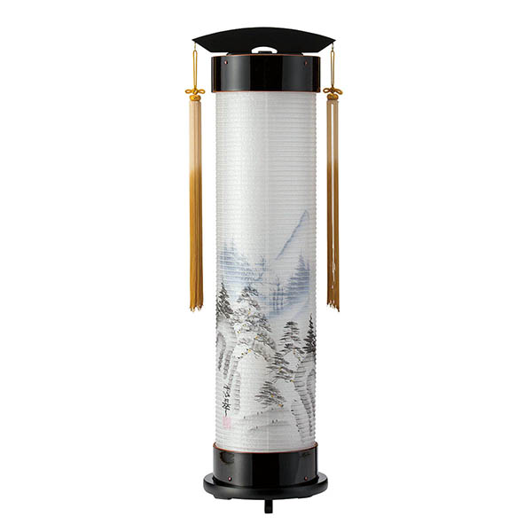 黒溜塗 伸縮提灯 絹二重 信翠山水 ワンタッチ伸縮 木製 電気コード式（LED仕様）