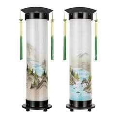 黒溜塗 伸縮提灯 絹二重 清流山水 対柄 (一対入り) ワンタッチ伸縮 木製 電気コード式