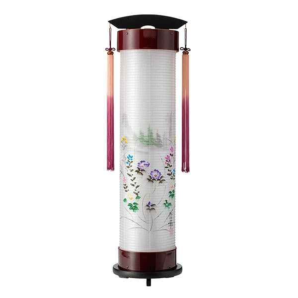 春慶塗 伸縮提灯 絹二重 信翠彩芙蓉 ワンタッチ伸縮 木製 電気コード式（LED仕様）