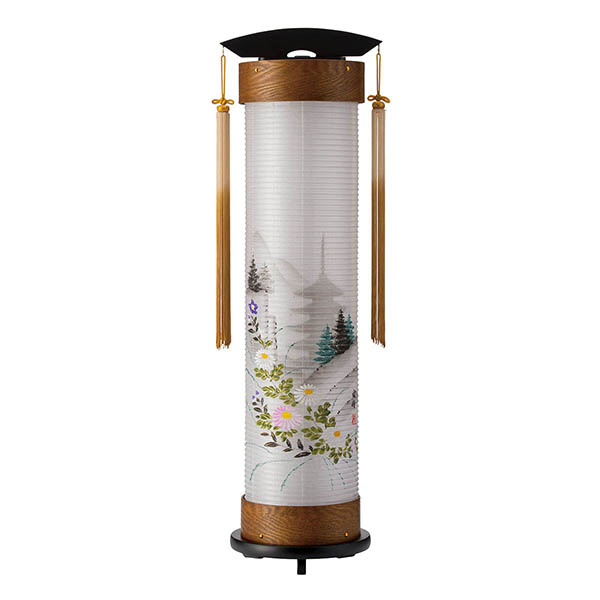 天然欅 伸縮提灯 絹二重 五重の塔 ワンタッチ伸縮 木製 電気コード式（LED仕様）
