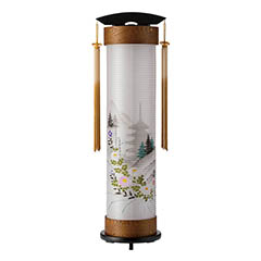天然欅 伸縮提灯 絹二重 五重の塔 ワンタッチ伸縮 木製 電気コード式（LED仕様）