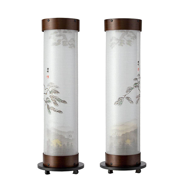 張鉄刀木 伸縮提灯 絹二重 西京の松 対柄 （一対入り） ワンタッチ伸縮 木製 電気コード式