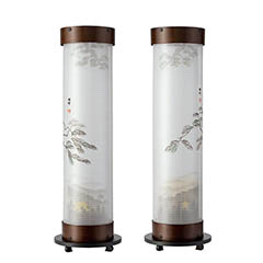 張鉄刀木 伸縮提灯 絹二重 西京の松 対柄 (一対入り) ワンタッチ伸縮 木製 電気コード式