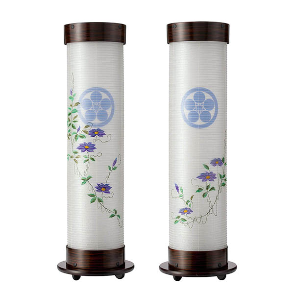 張黒檀 伸縮提灯 絹二重 鉄仙 対柄 （一対入り） ワンタッチ伸縮 木製 電気コード式【家紋入代込】
