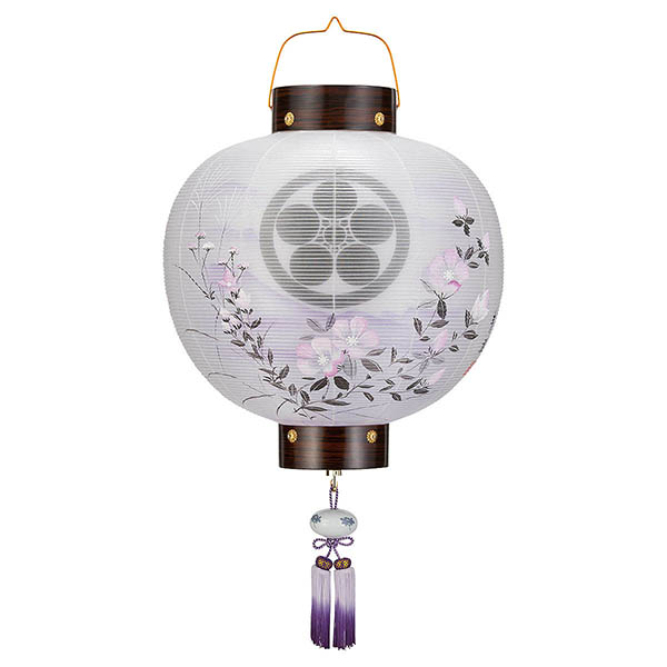 門提灯 張黒檀 絹二重 紫山茶花 木製 電池式（コードレス：LED仕様） 【家紋入代込】