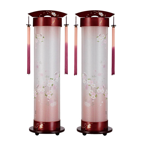 桜蒔絵 伸縮提灯 絹二重 染井吉野 対柄 （一対入り） ワンタッチ伸縮 木製 電気コード式
