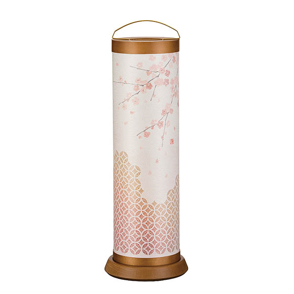 真筒型提灯 ライトブラウン 枝垂れ桜 落水和紙張り 木製 電池式（コードレス：LED仕様） 【組立不