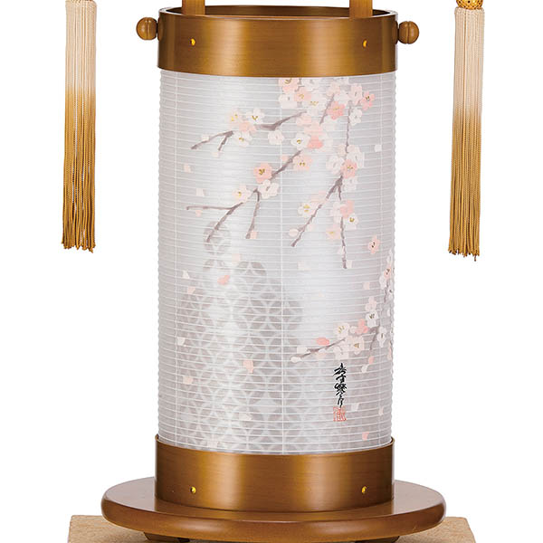 樹峰　 盆提灯　回忌灯 ひのき 絹二重 枝垂れ桜  刺繍家紋入り 打ち敷き 台付セット　詳細画像