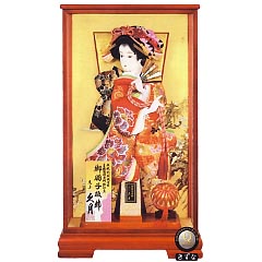 羽子板: 本金金襴振袖　朱塗ケース