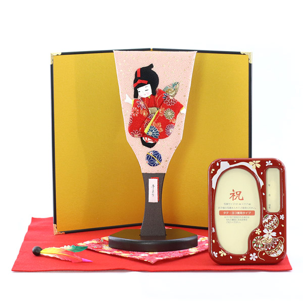 わらべ羽子板 手まり 金屏風 敷き布 羽根 オルゴール写真立て付き