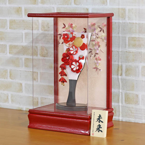 つまみ細工 羽子板 赤 赤パール塗り アクリルケース