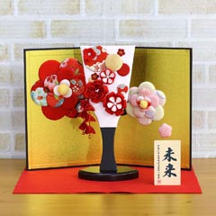 つまみ細工 羽子板 赤 花満開屏風 敷き布セット