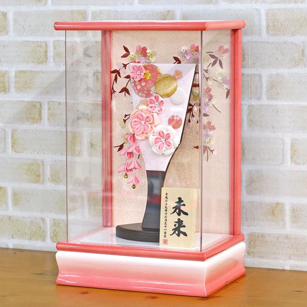 つまみ細工 羽子板 ピンク パール白/ピンク塗り アクリルケース