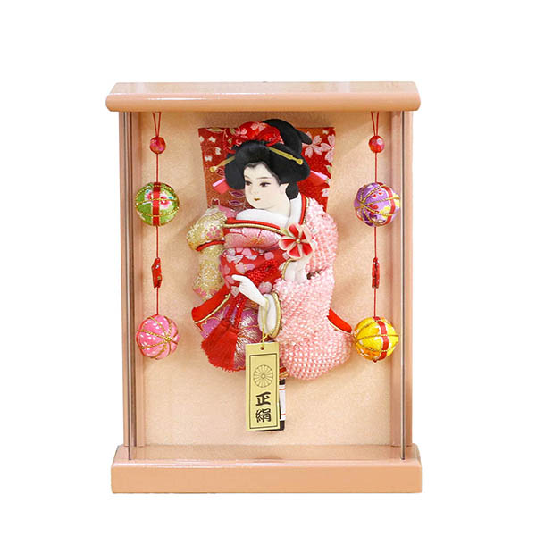 壁掛け 額飾り 日和 正絹 パールピンク塗り 鞠二連つるし付き アクリルケース