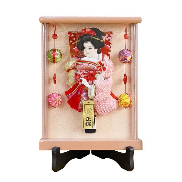 壁掛け 額飾り 日和 正絹 パールピンク塗り 鞠二連つるし付き アクリルケース スタンド付き