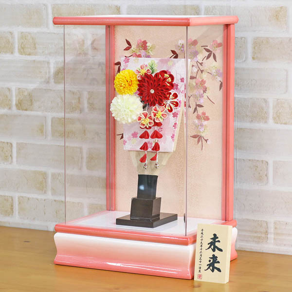 つまみ細工 丸菊と赤菊 3-55 髪飾り付き パール白/ピンク塗り アクリルケース